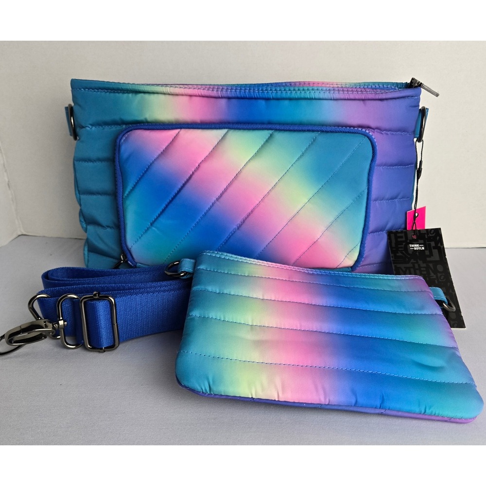 Think Royln Downtown Crossbody Bag Rainbow Ombre Quilted Puffer Pouch Set NEW